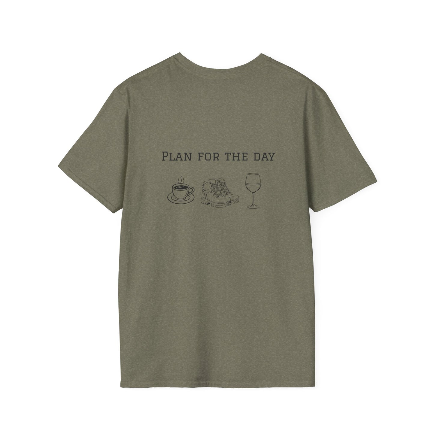 Unisex T-Shirt - Plan for the Day Hiking Boot & Wine (2-sided graphic)