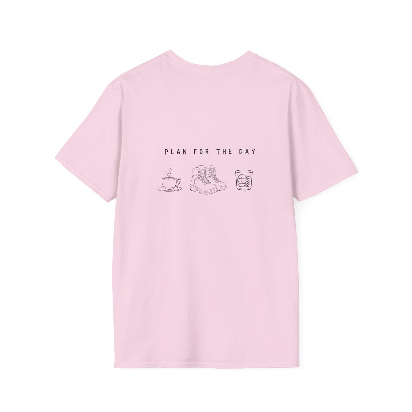Unisex T-Shirt - Plan for the Day Hiking Boot & Bourbon (2-sided graphic)