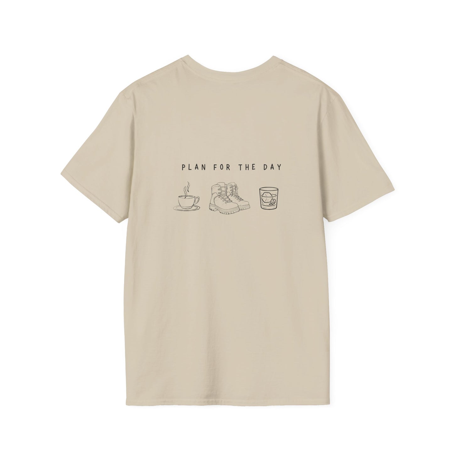 Unisex T-Shirt - Plan for the Day Hiking Boot & Bourbon (2-sided graphic)