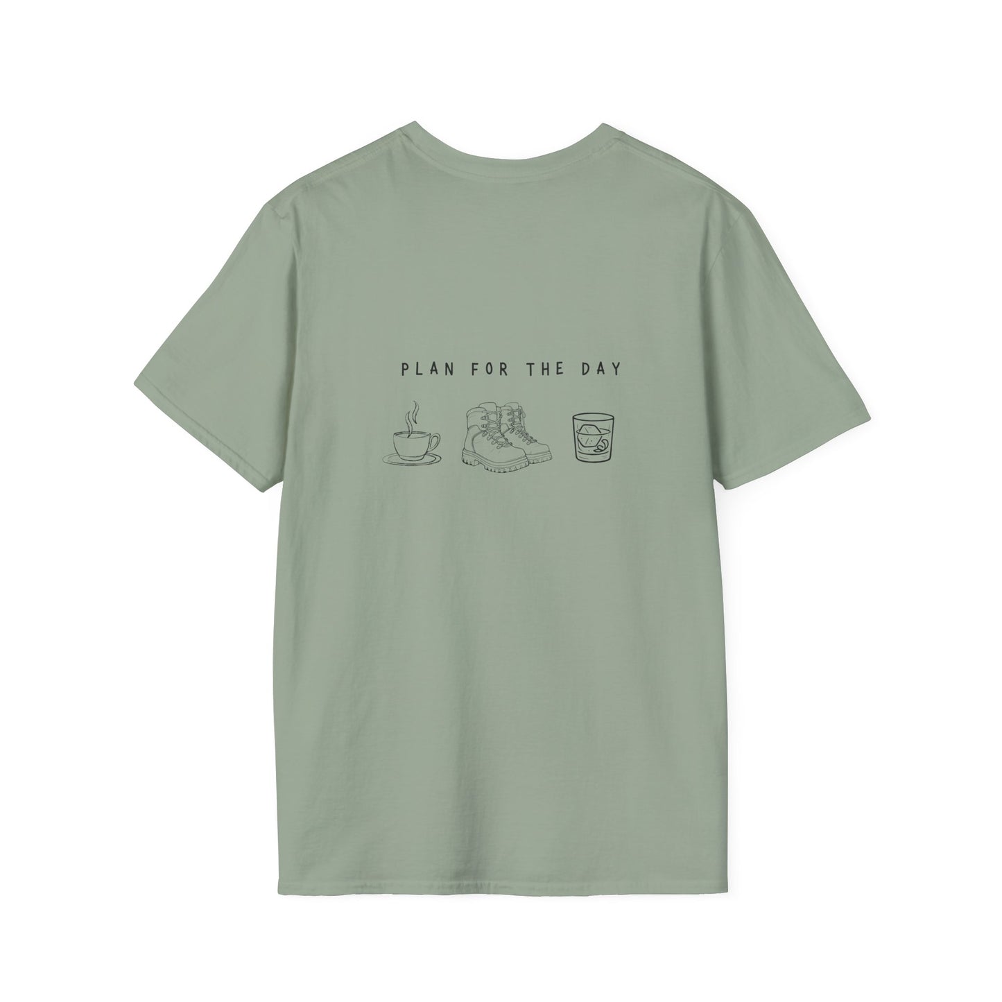 Unisex T-Shirt - Plan for the Day Hiking Boot & Bourbon (2-sided graphic)