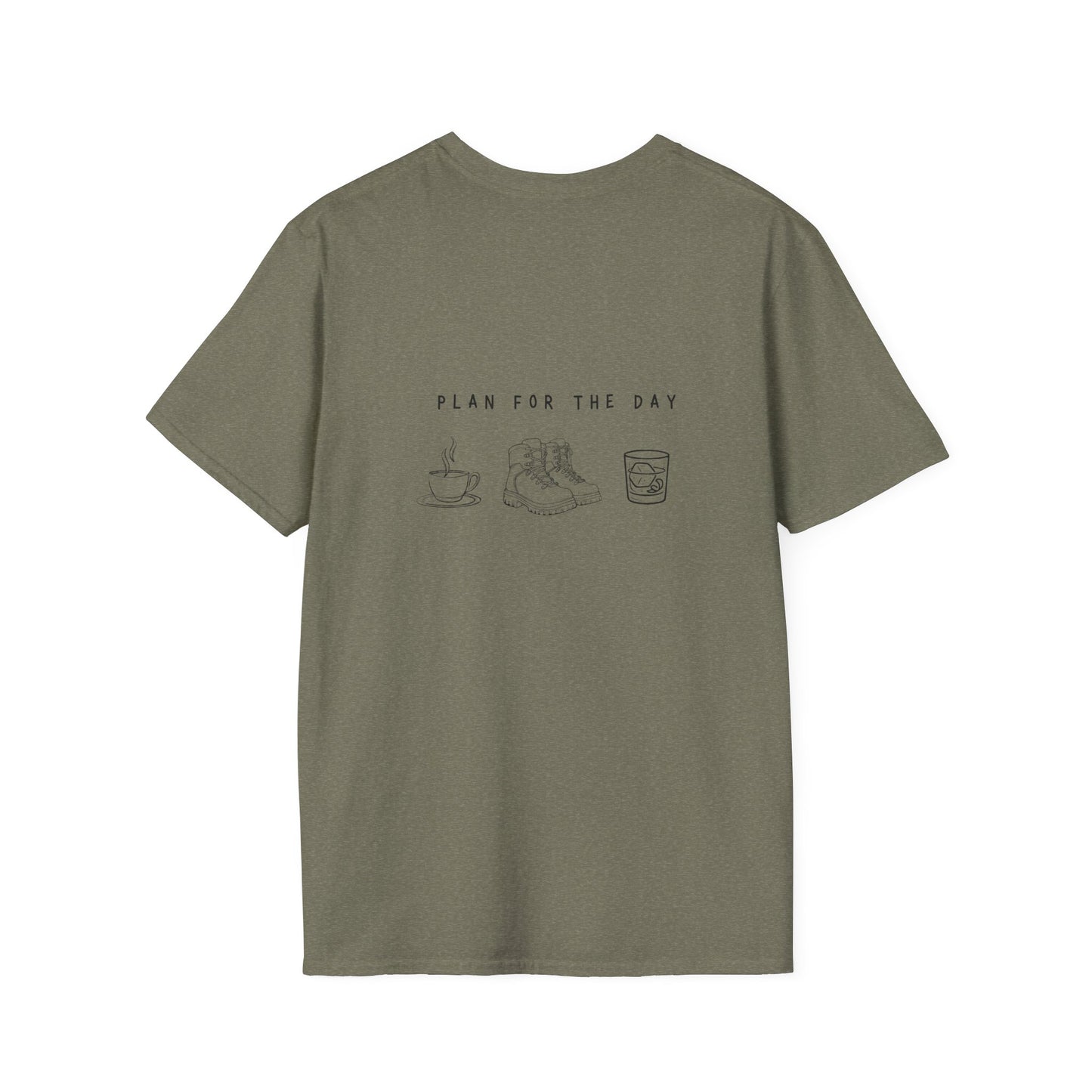 Unisex T-Shirt - Plan for the Day Hiking Boot & Bourbon (2-sided graphic)