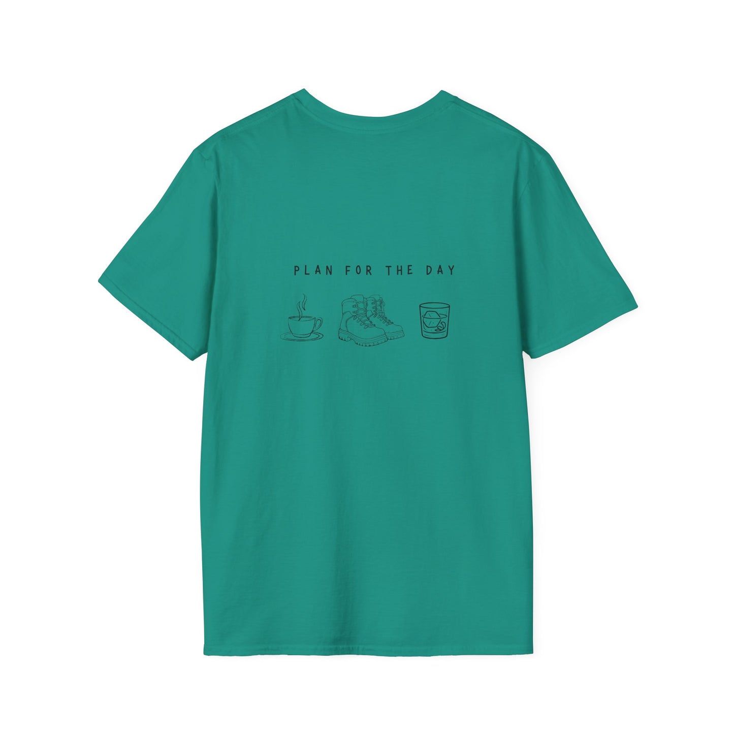 Unisex T-Shirt - Plan for the Day Hiking Boot & Bourbon (2-sided graphic)