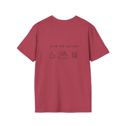 Unisex T-Shirt - Plan for the Day Hiking Boot & Bourbon (2-sided graphic)