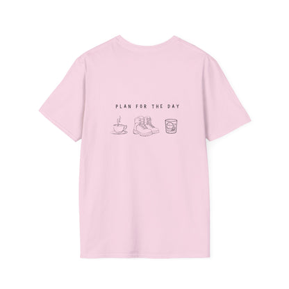 Unisex T-Shirt - Plan for the Day Hiking Boot & Bourbon (2-sided graphic)