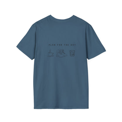 Unisex T-Shirt - Plan for the Day Hiking Boot & Bourbon (2-sided graphic)