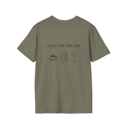 Unisex T-Shirt - Plan for the Day Hiking/Backpacking & Wine (2-sided graphic)