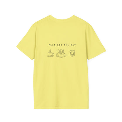 Unisex T-Shirt - Plan for the Day Hiking Boot & Bourbon (2-sided graphic)