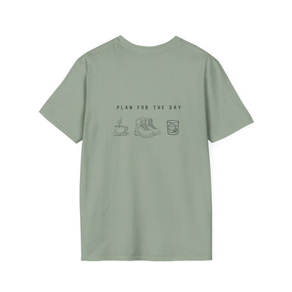 Unisex T-Shirt - Plan for the Day Hiking Boot & Bourbon (2-sided graphic)