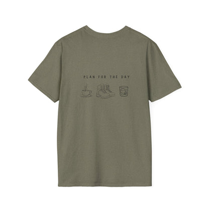Unisex T-Shirt - Plan for the Day Hiking Boot & Bourbon (2-sided graphic)