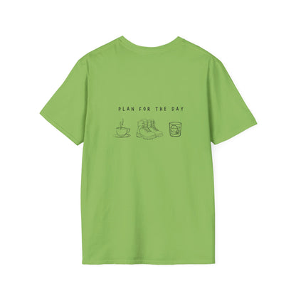 Unisex T-Shirt - Plan for the Day Hiking Boot & Bourbon (2-sided graphic)