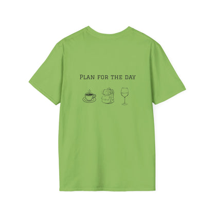 Unisex T-Shirt - Plan for the Day Hiking/Backpacking & Wine (2-sided graphic)