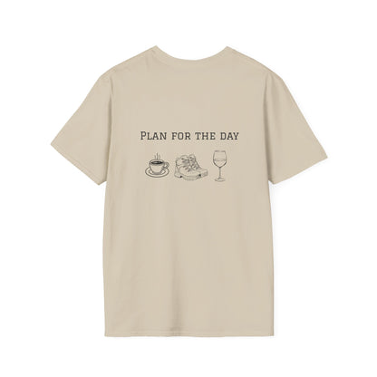Unisex T-Shirt - Plan for the Day Hiking Boot & Wine (2-sided graphic)