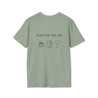 Unisex T-Shirt - Plan for the Day Hiking/Backpacking & Wine (2-sided graphic)