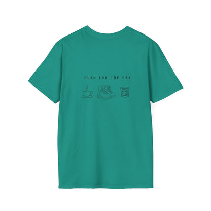 Unisex T-Shirt - Plan for the Day Hiking Boot & Bourbon (2-sided graphic)